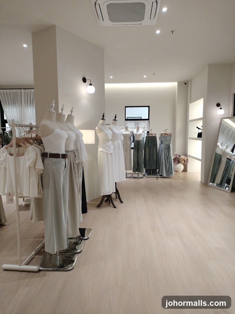 Clothing store interior with mannequins and clothing racks
