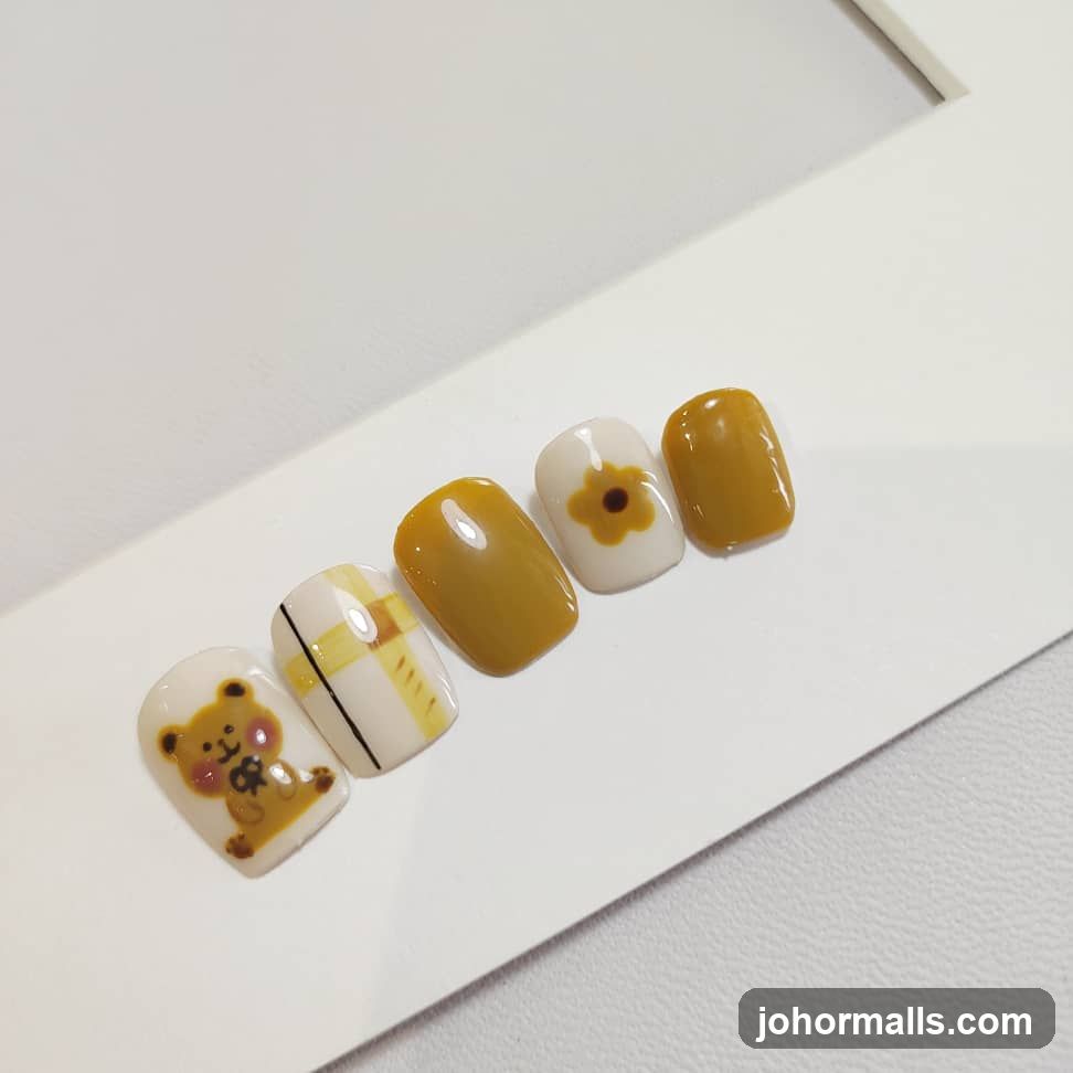 Press-on Nails with Bear and Flower Designs