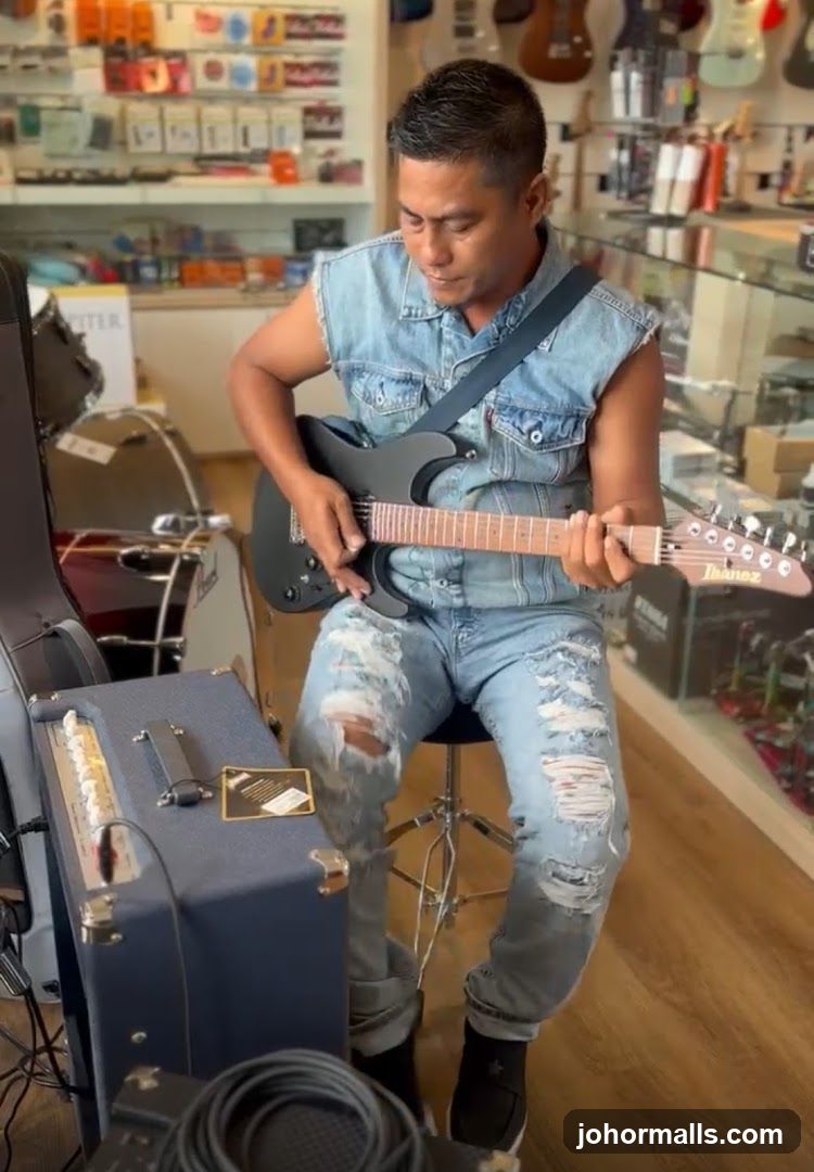 Man Playing Guitar in Music Store