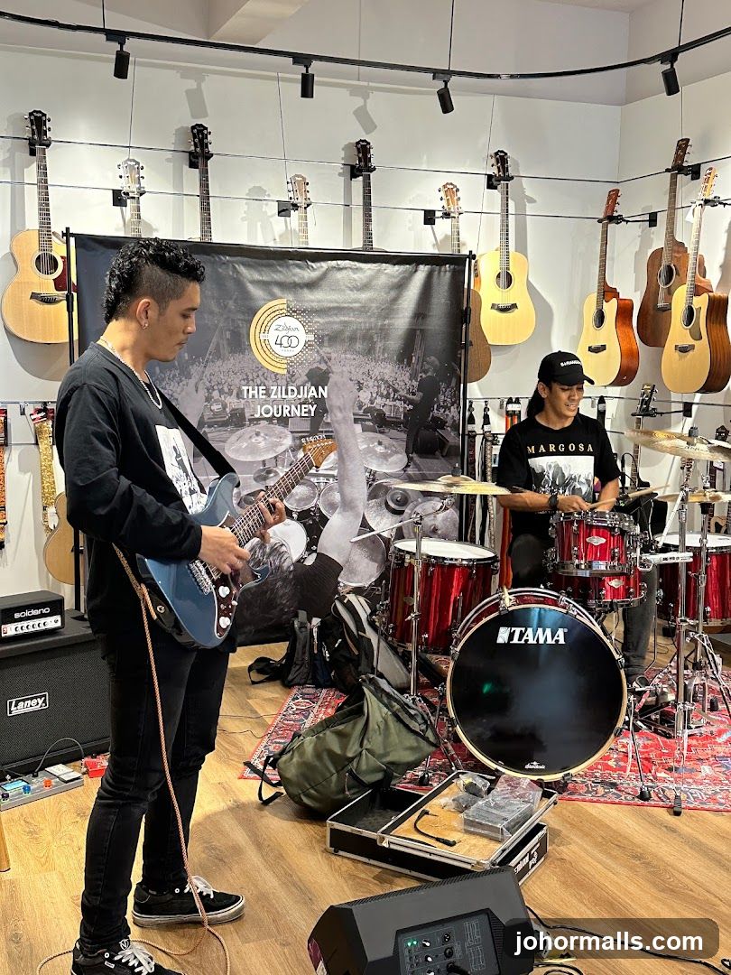 Musicians performing in a music store