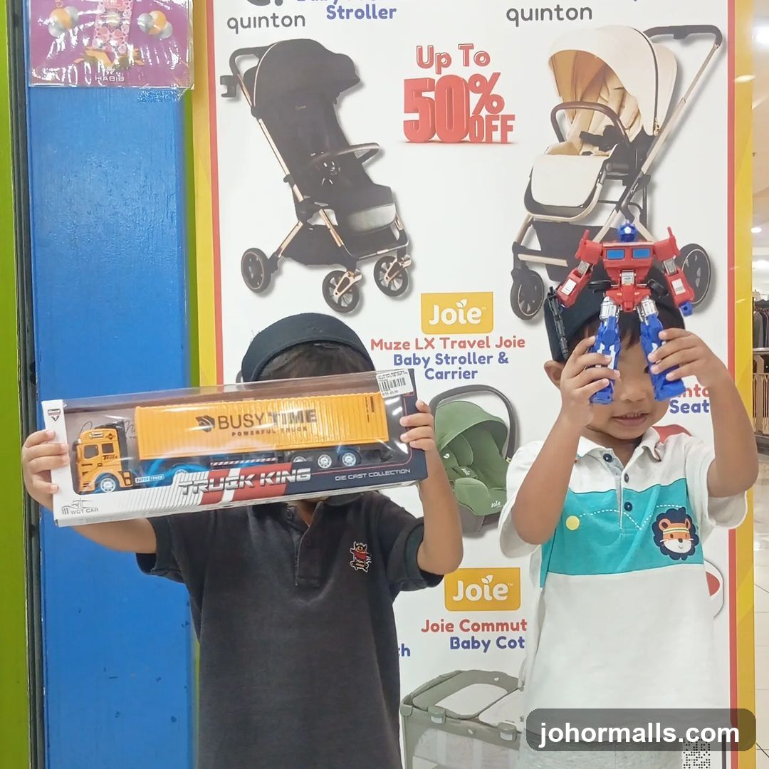 Children with Toys and Stroller Advertisement