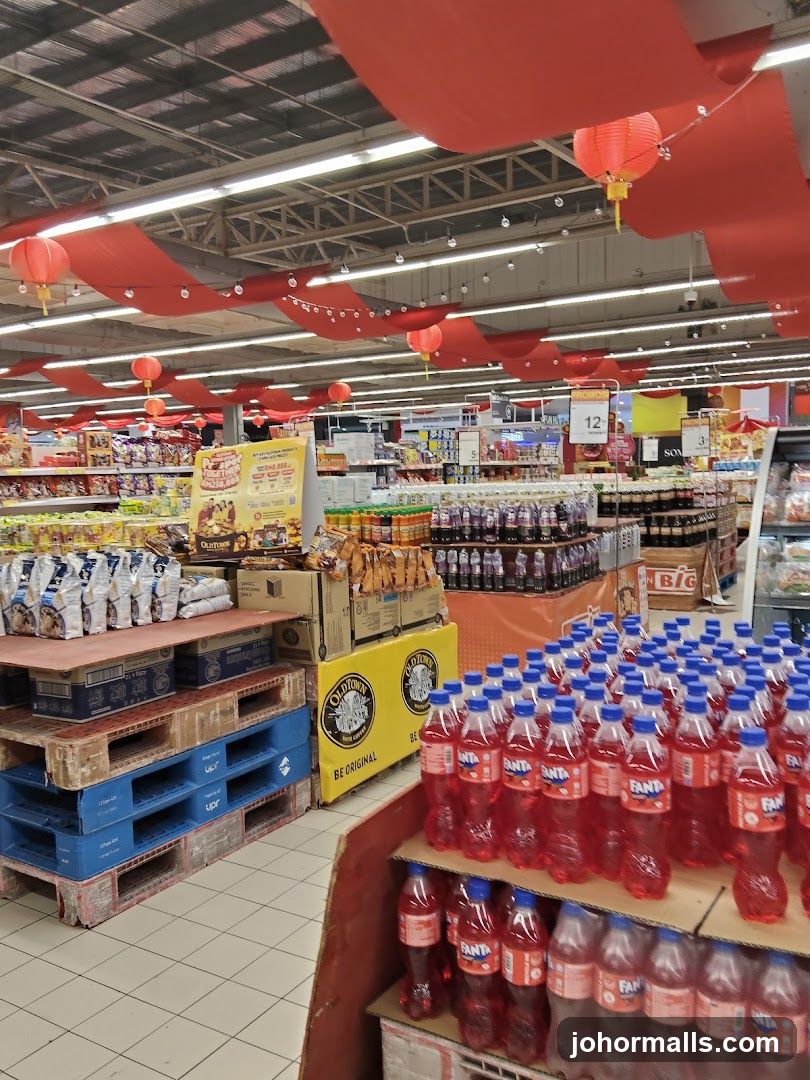 Supermarket aisle with festive decorations