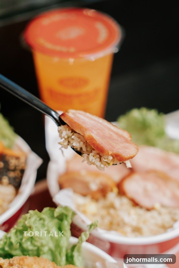 Close-up of a spoonful of rice topped with sliced meat