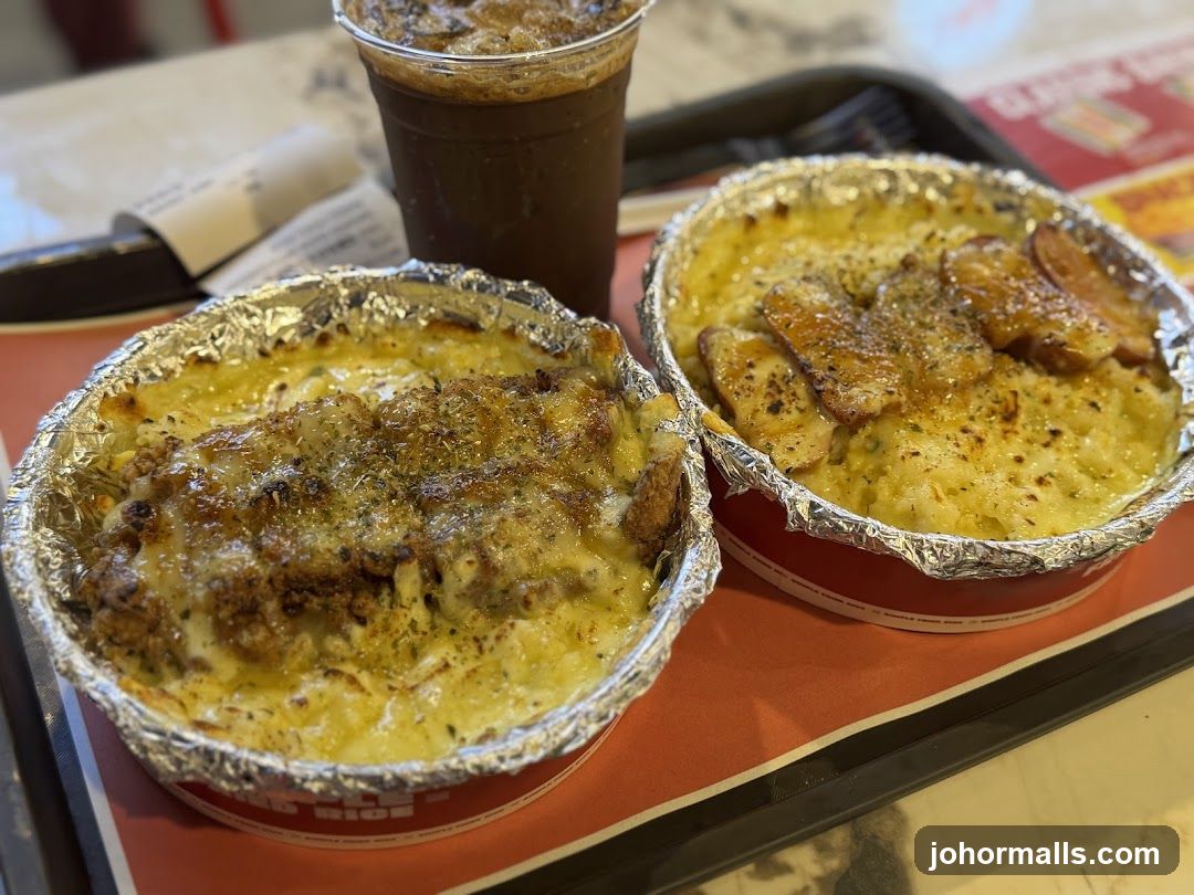 Baked Macaroni and Cheese with Chicken and a Drink