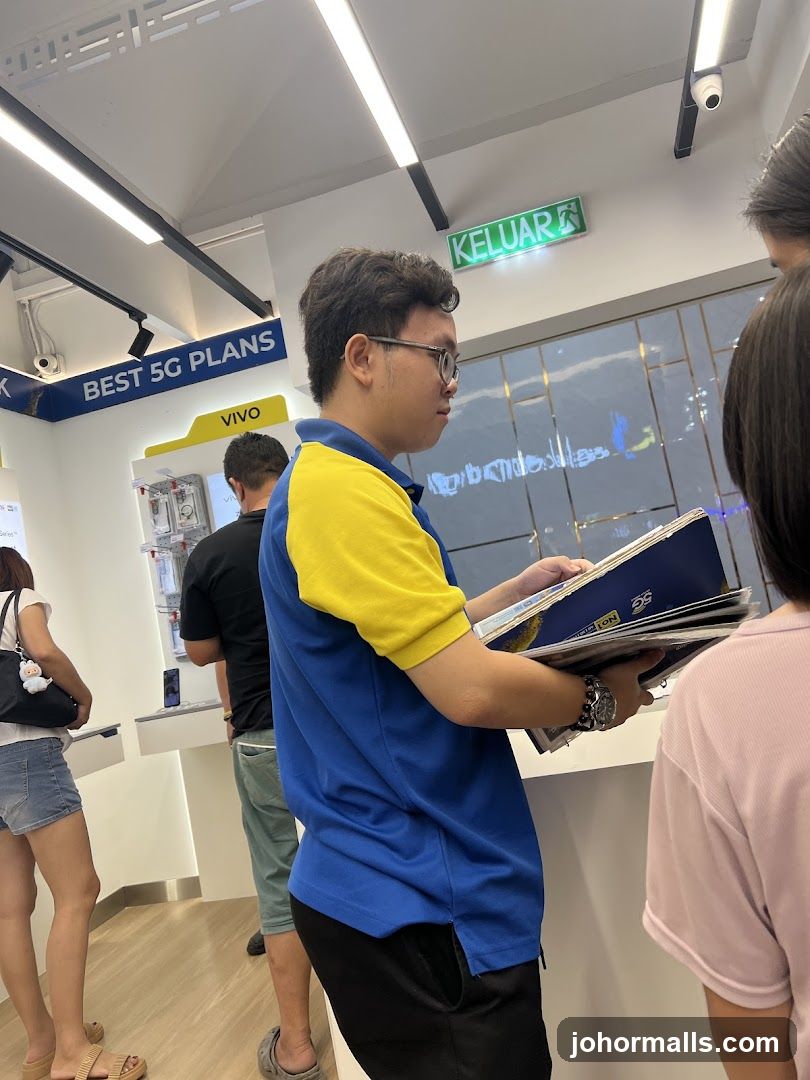 Man holding brochures in a store