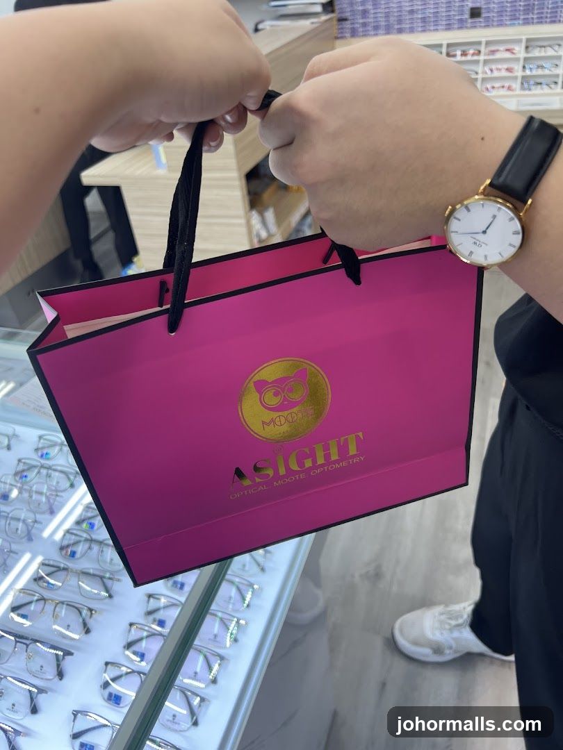 Person holding a shopping bag from an optometry store
