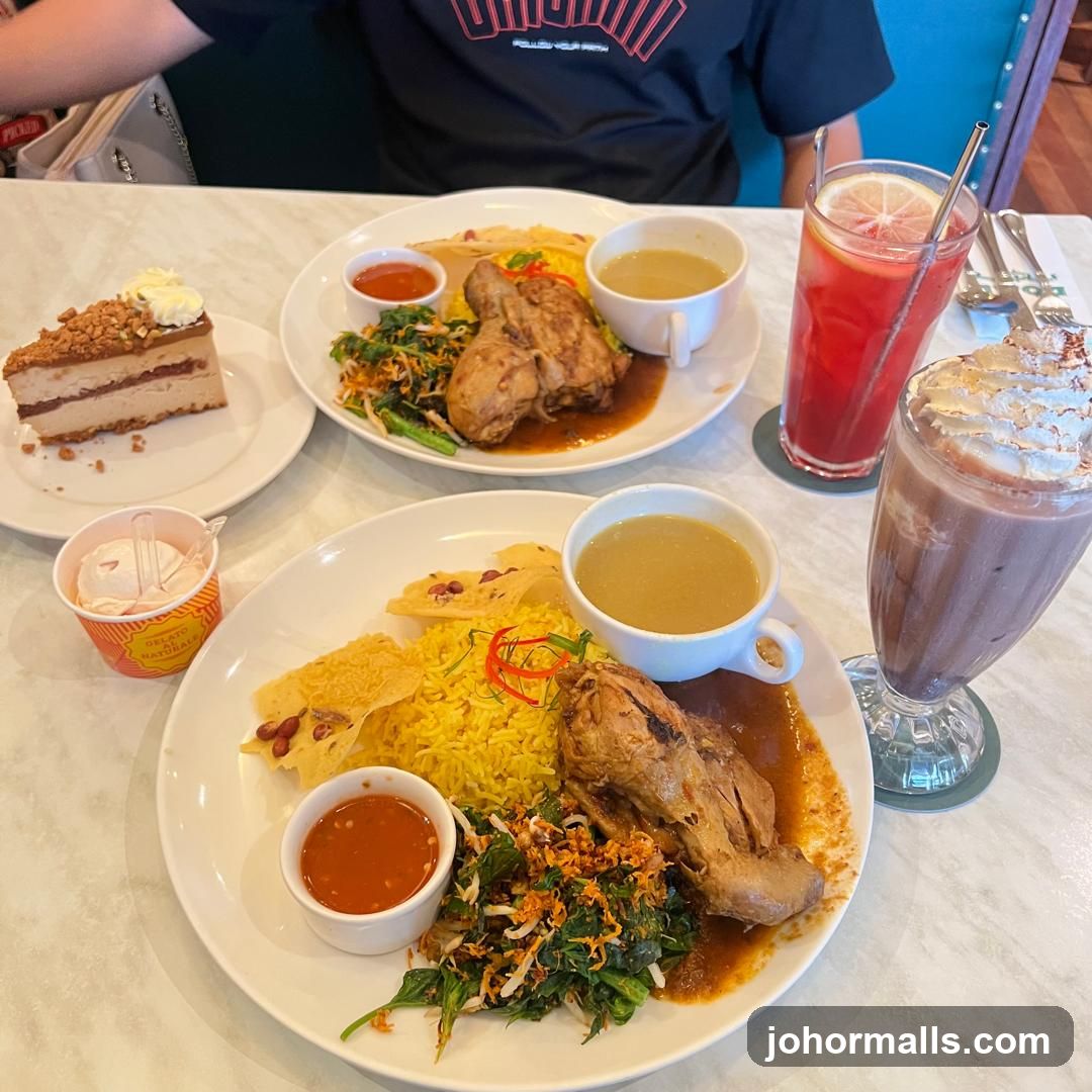 Two plates of chicken rice with sides and drinks