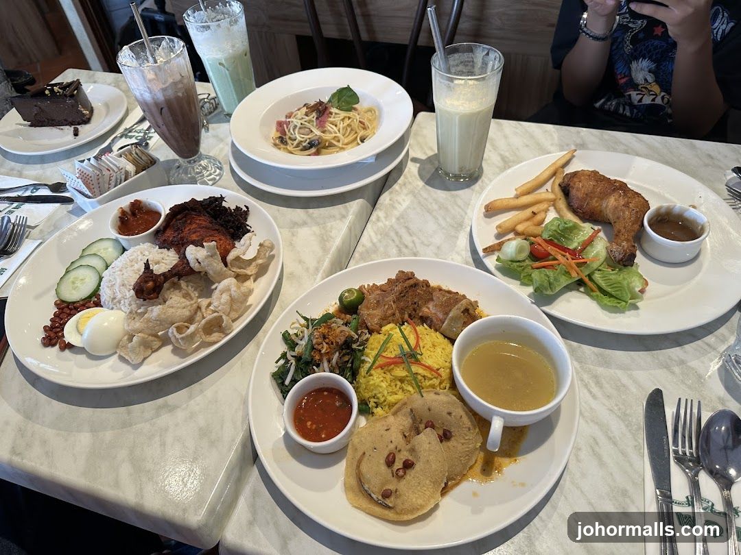Table with various dishes and drinks