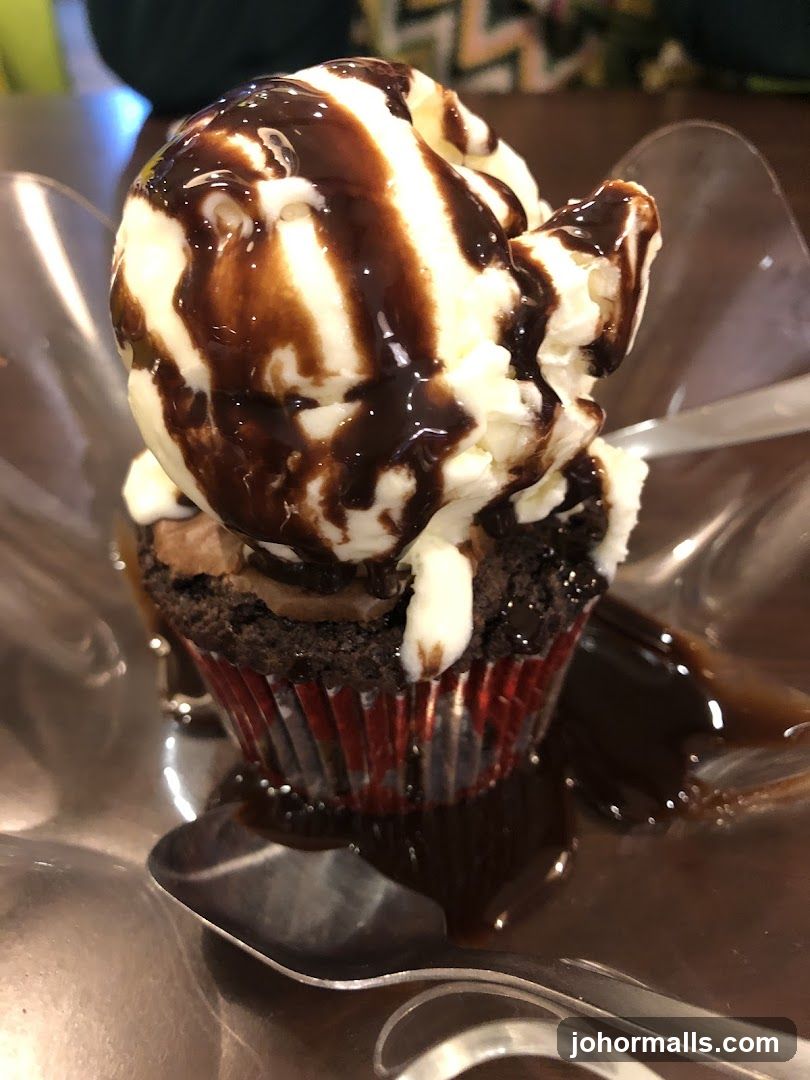 Chocolate cupcake with ice cream and chocolate syrup