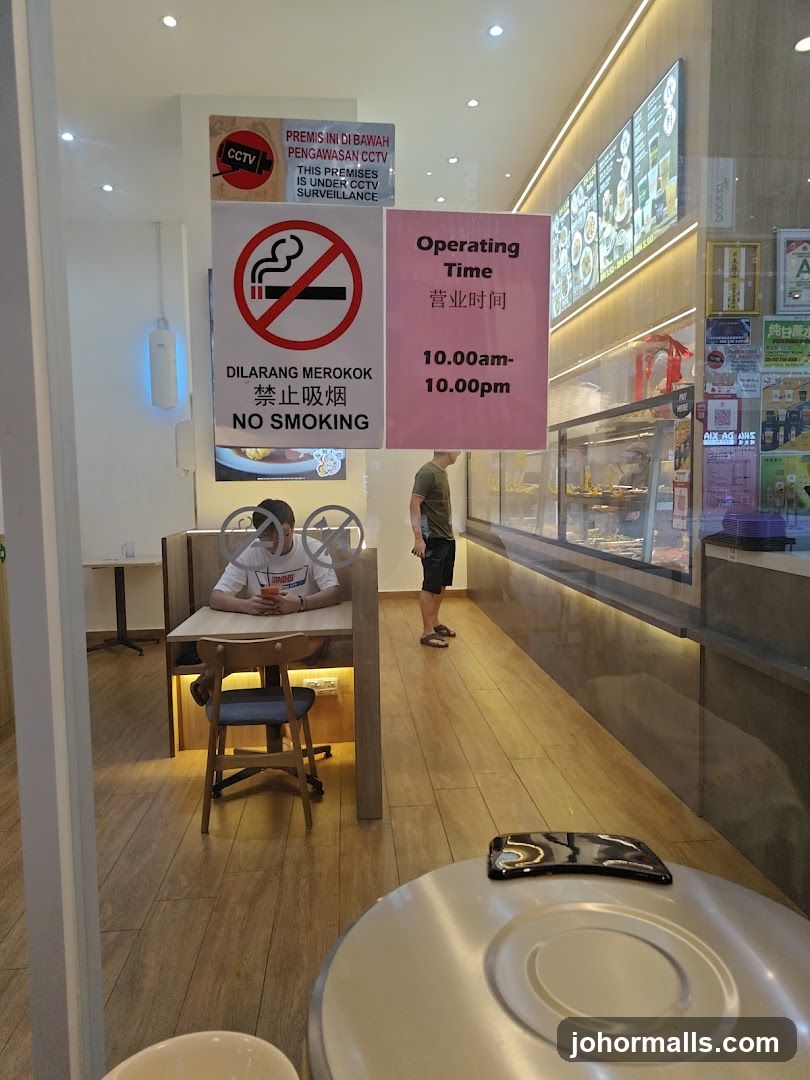 Interior of a restaurant with signage