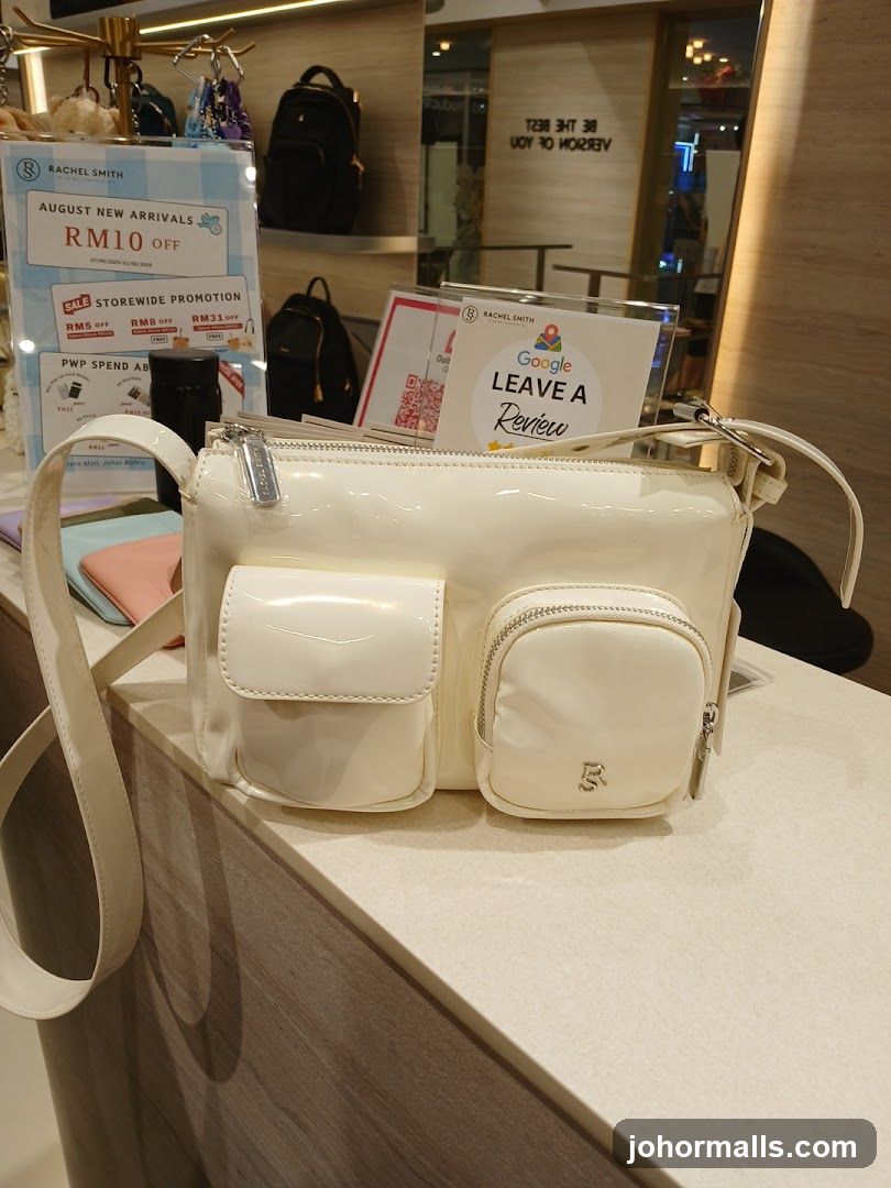 White handbag with promotional signs