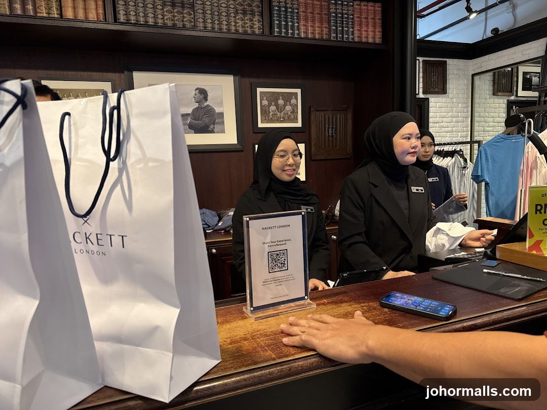 Retail counter with staff and shopping bags