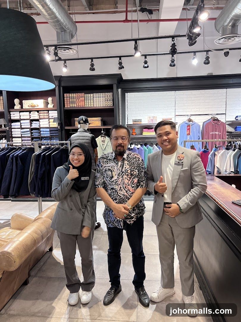 Three people posing in a clothing store