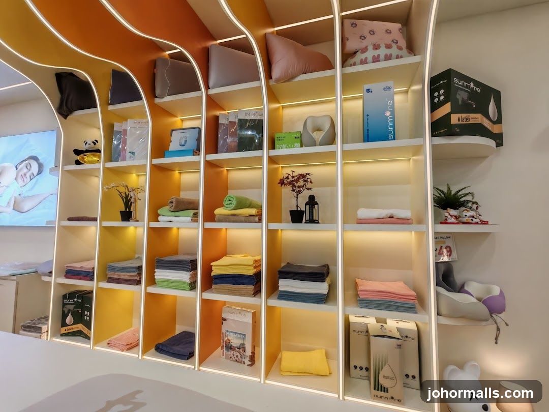 Shelving unit with pillows, towels, and other home goods