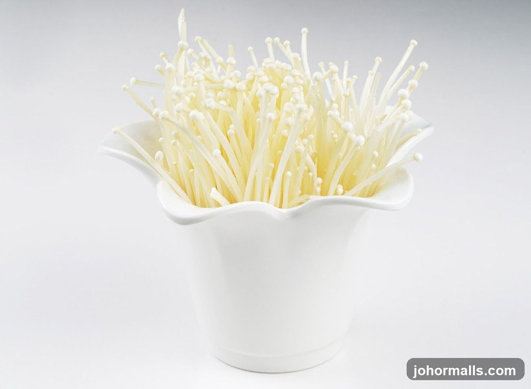 Enoki Mushrooms in a White Bowl