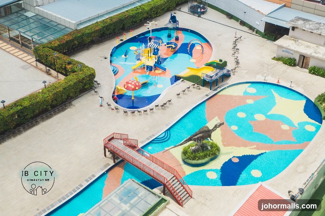 Water park with dinosaur and playground