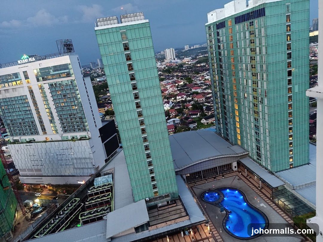 Cityscape with Tall Buildings and Pool