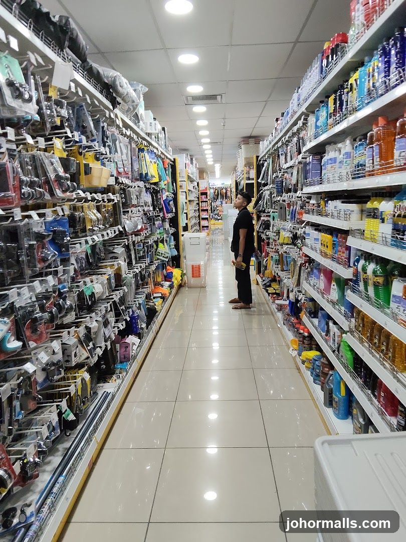 Aisle in a store with shelves stocked with various products