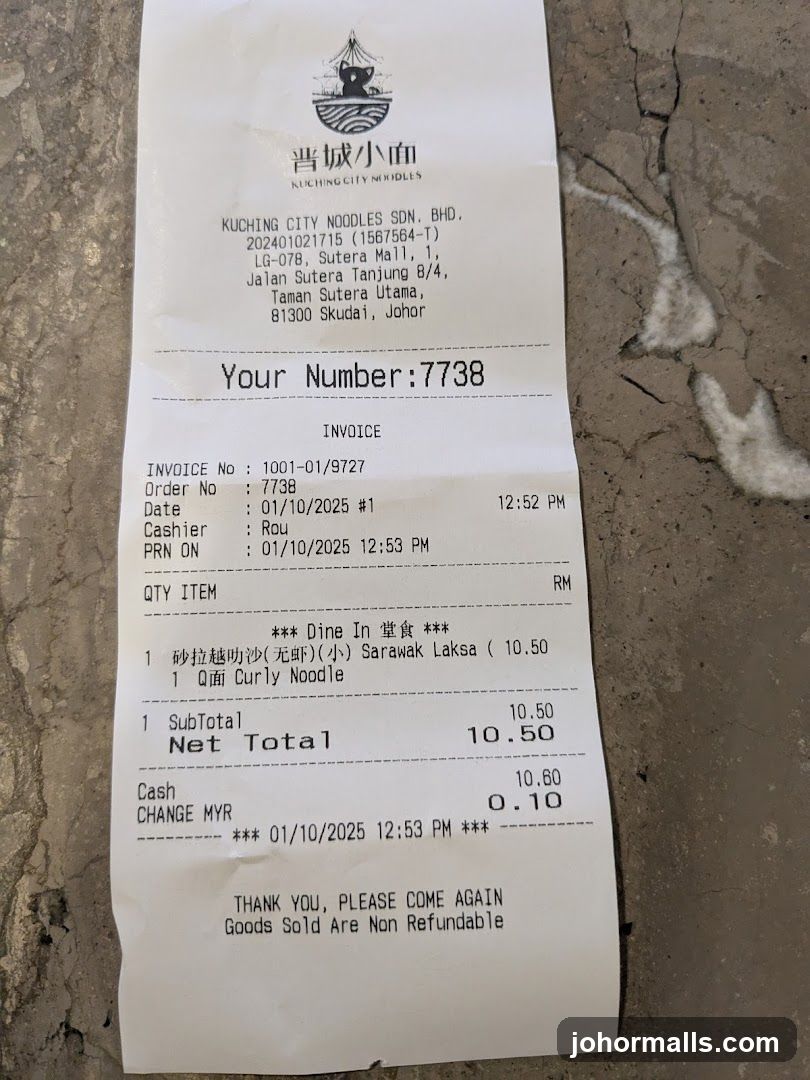 Receipt from Kuching City Noodles