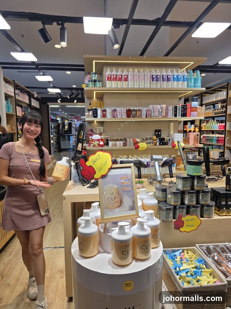 Woman holding a bottle of hair product in a store
