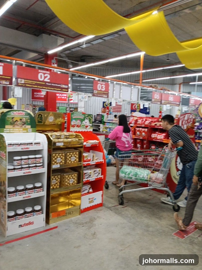Supermarket aisle with checkout counters