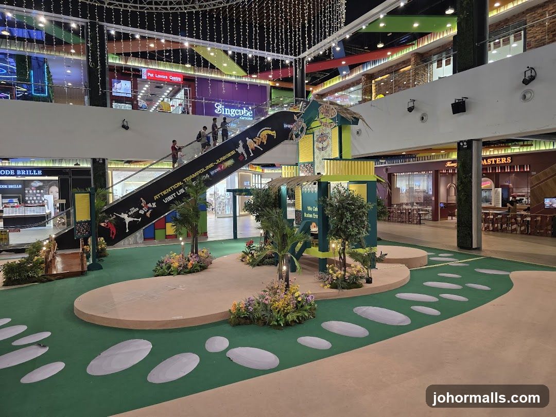 Indoor Mall Area with Escalator and Decorations