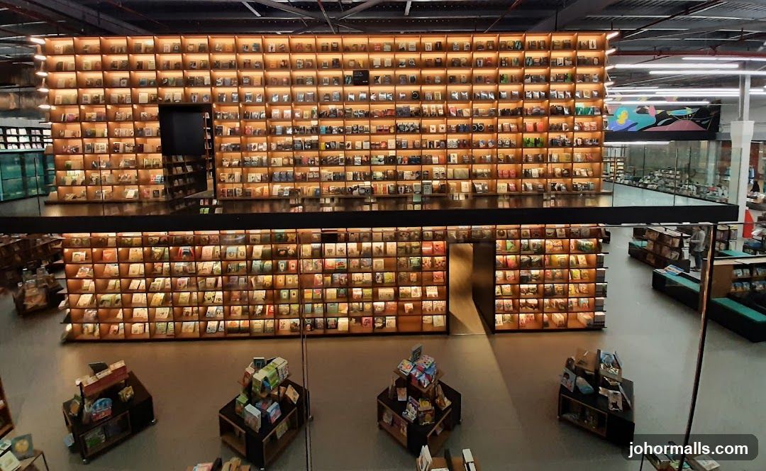 Interior of a bookstore with illuminated shelves