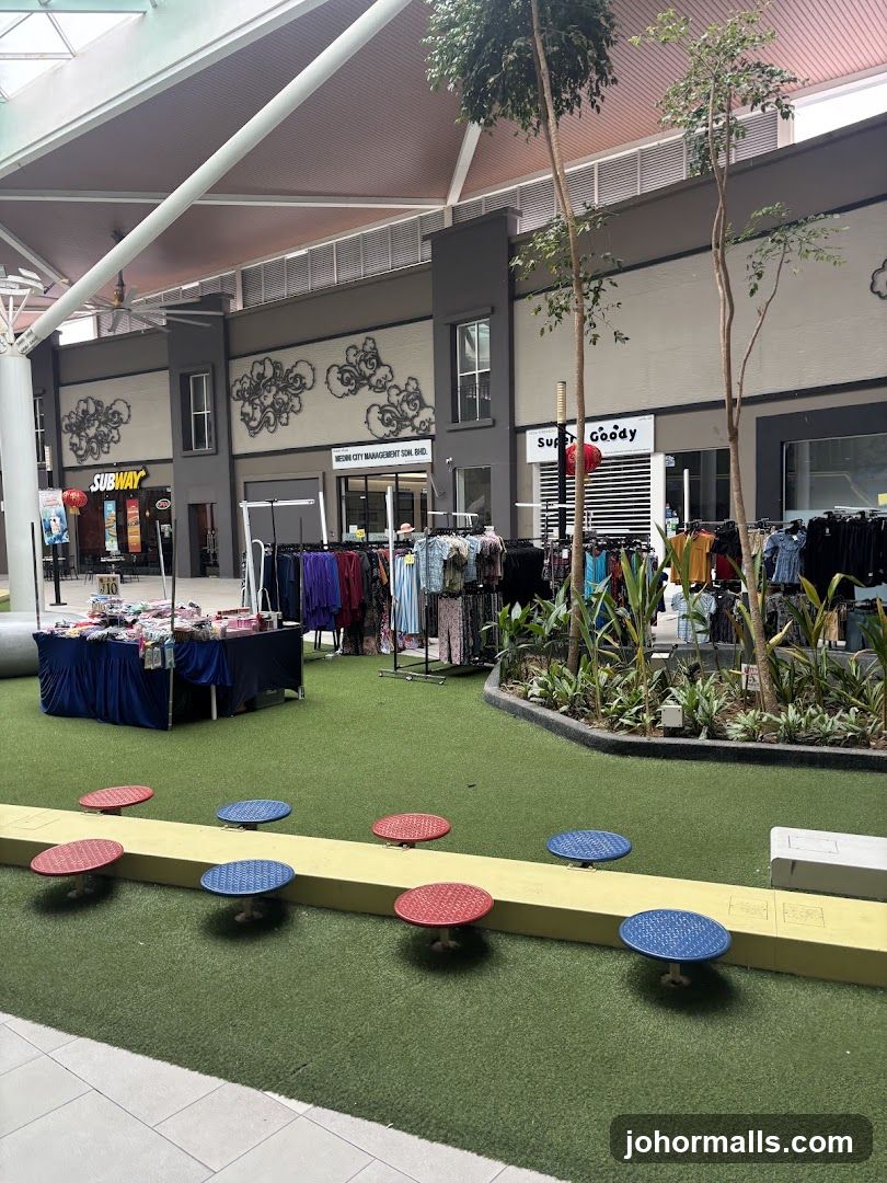 Outdoor shopping area with clothing racks and play equipment