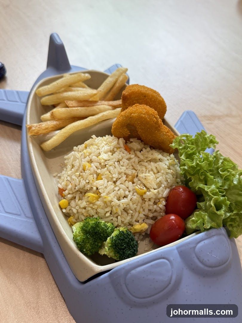 Airplane-shaped plate with food