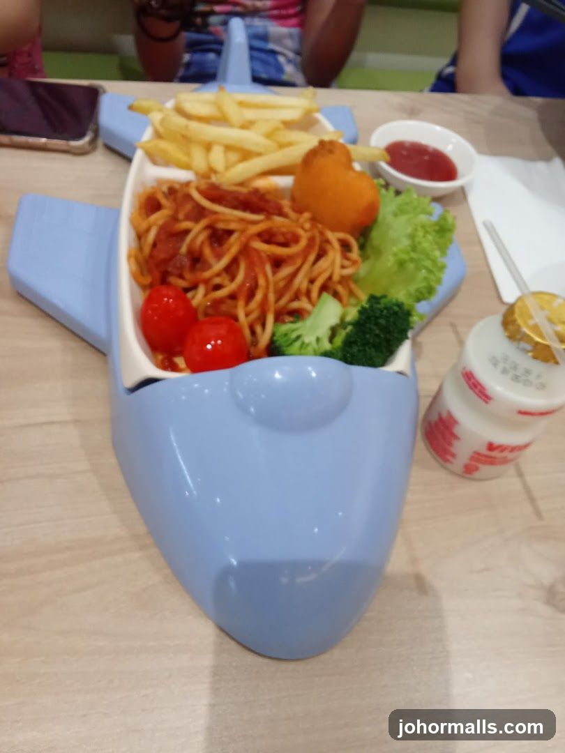 Airplane-shaped plate with food