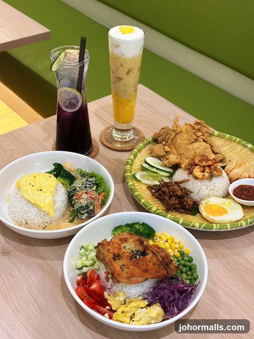 Three rice bowls and two drinks