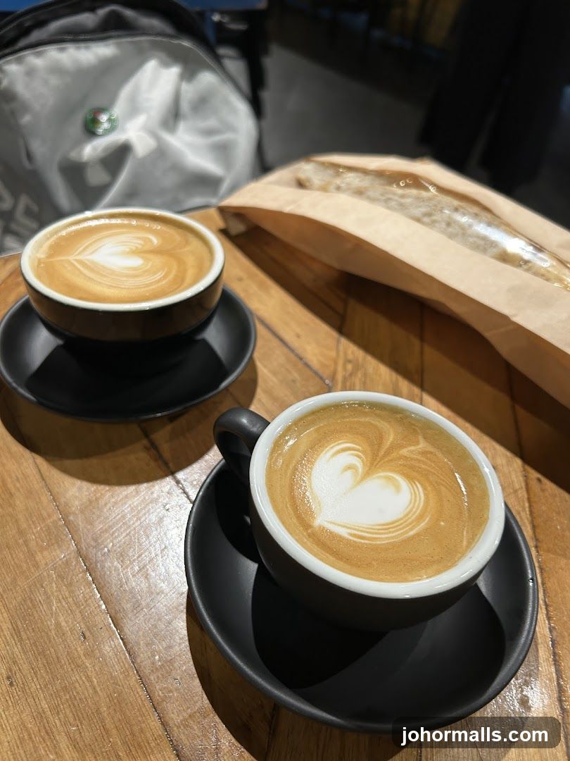 Two coffees with latte art and a pastry