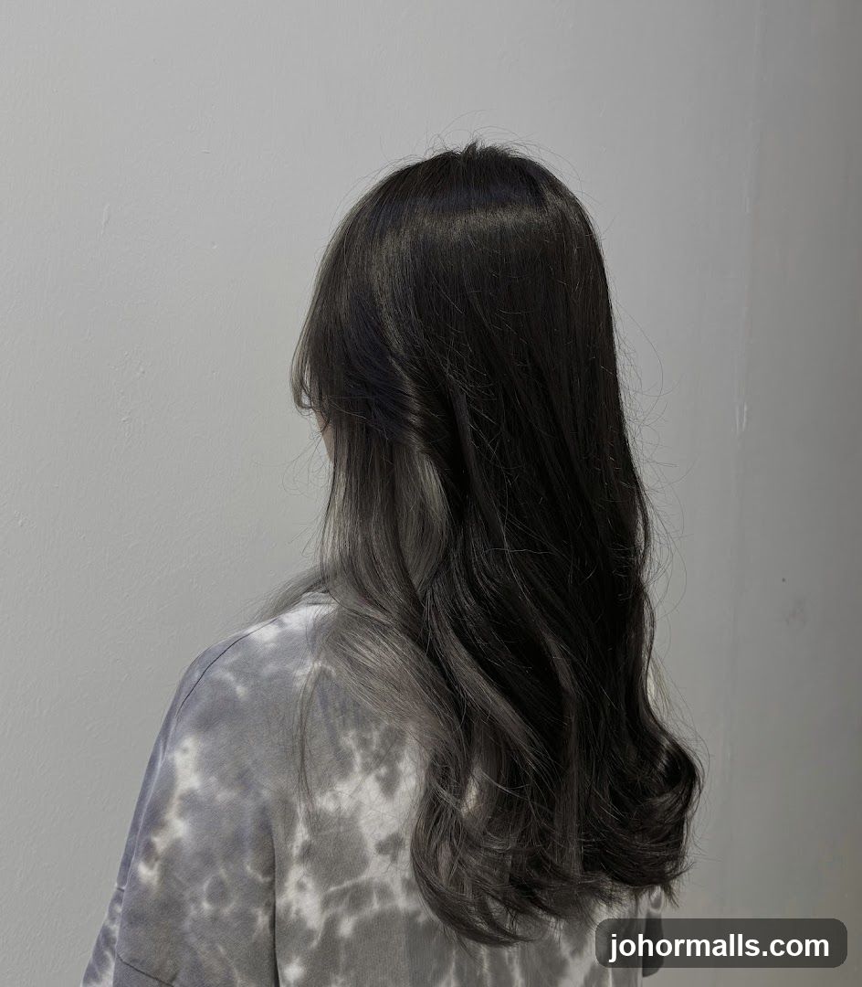Woman with dark hair with grey ombre