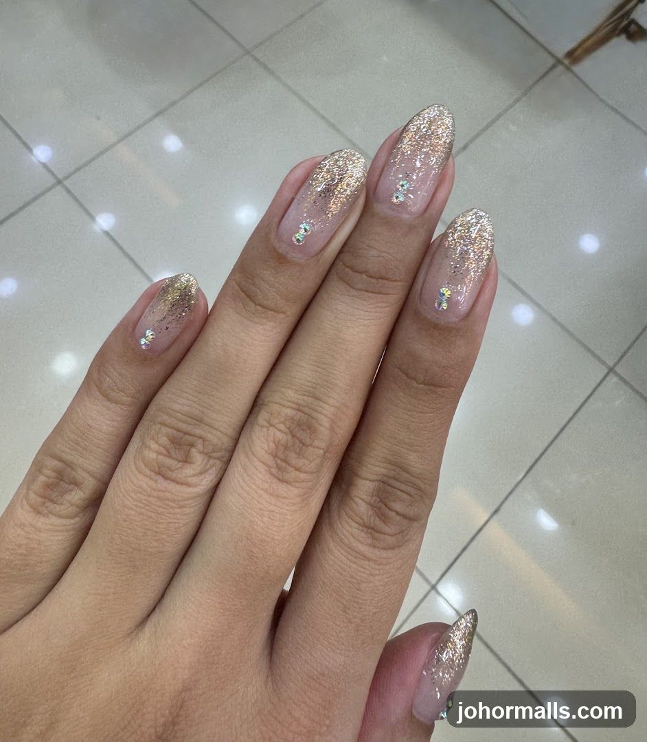 Glitter Ombre Nails with Rhinestones