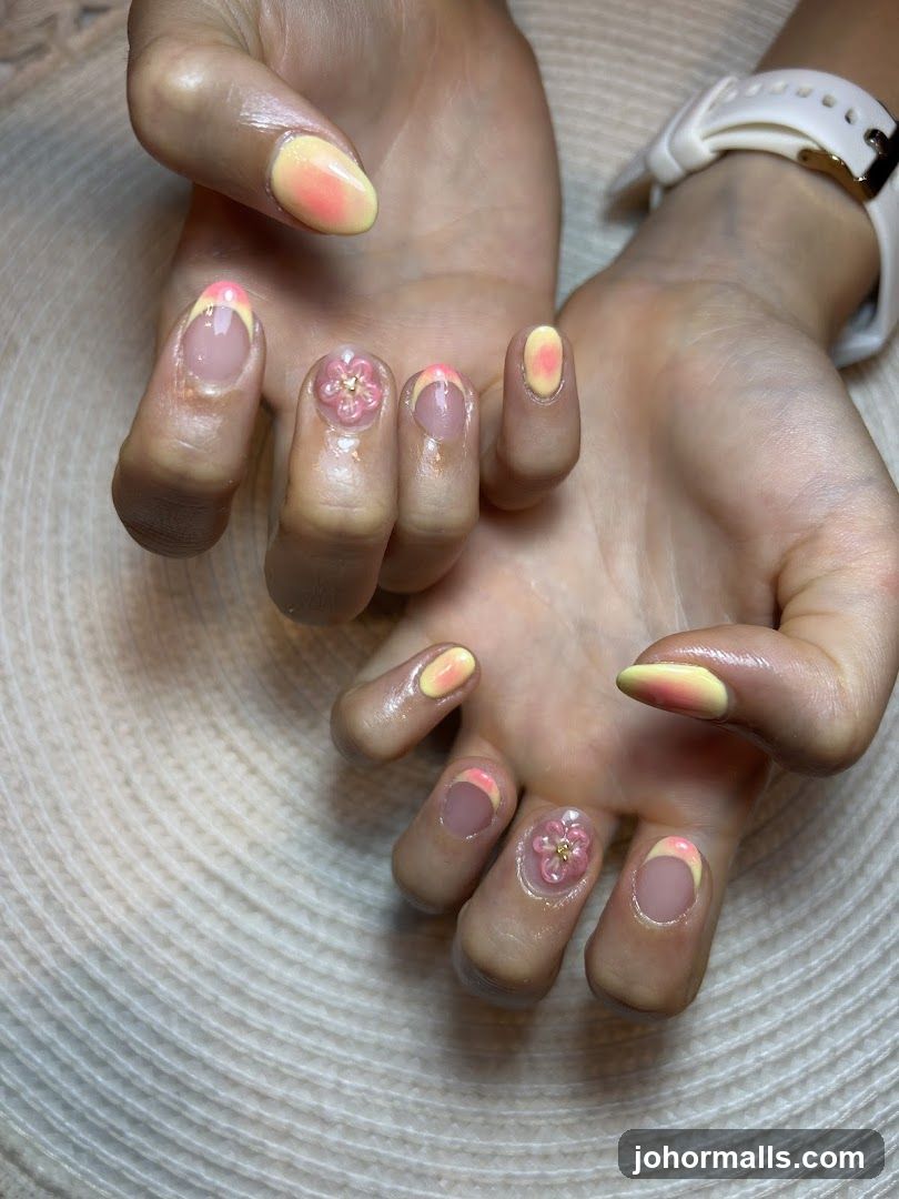 Ombre French Tip Nails with Flower Embellishment
