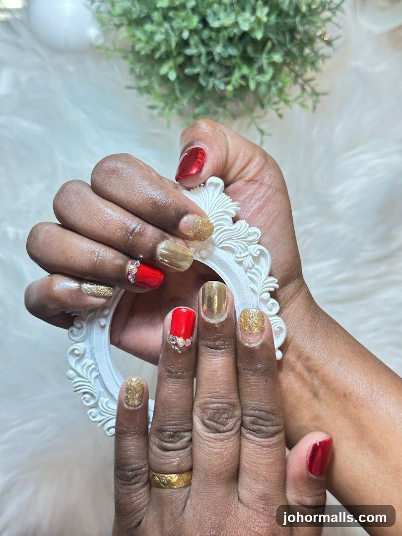 Nails with Red and Gold Polish