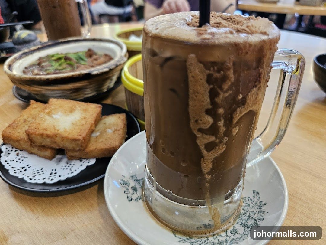 Iced Chocolate Drink with Fried Radish Cake and Stew