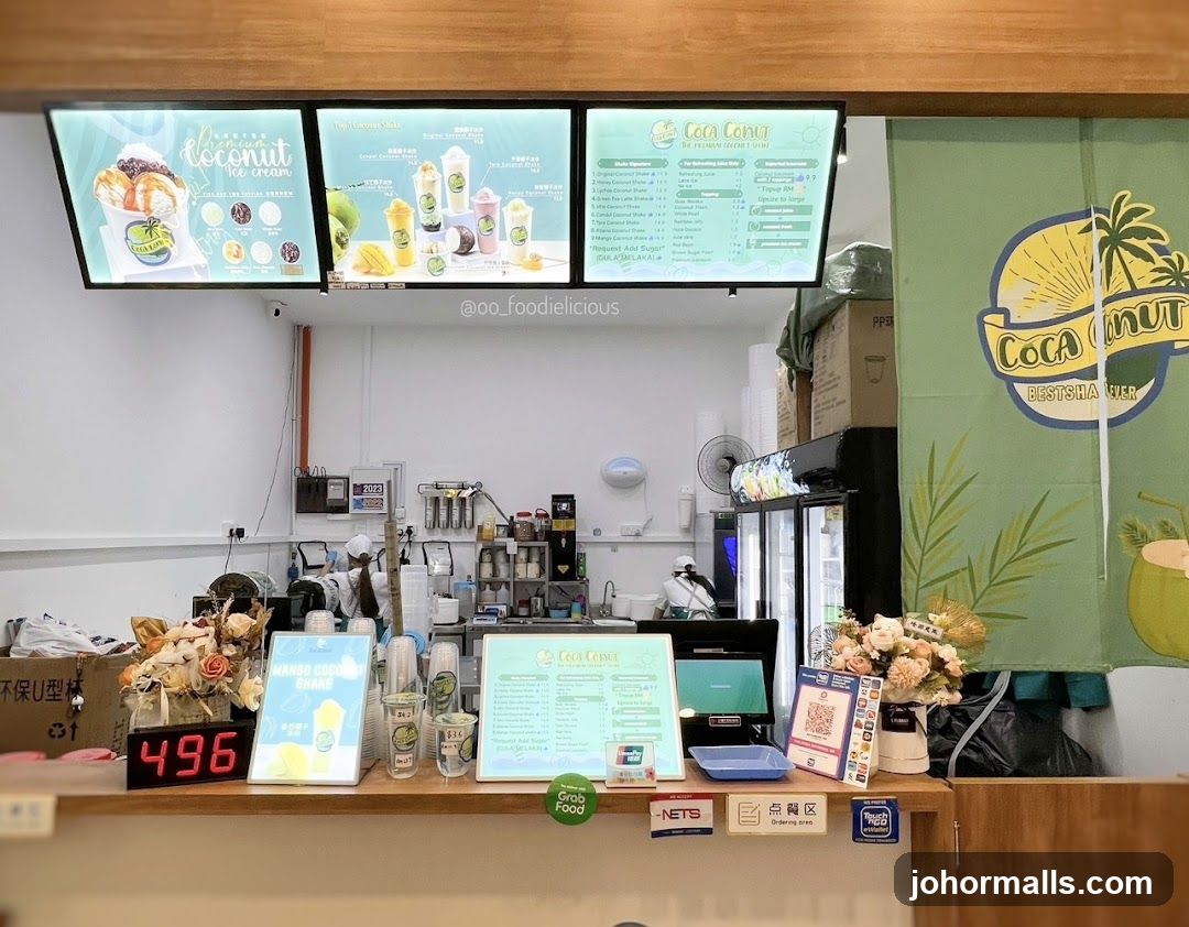 Counter with menu boards and drinks