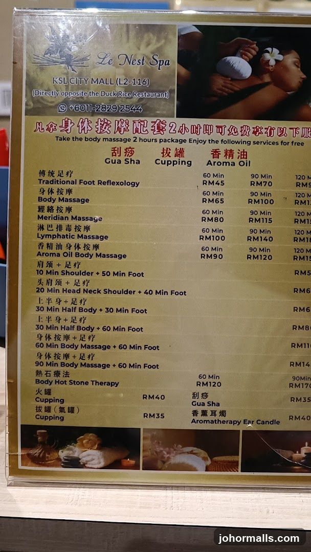 Le Nest Spa Menu