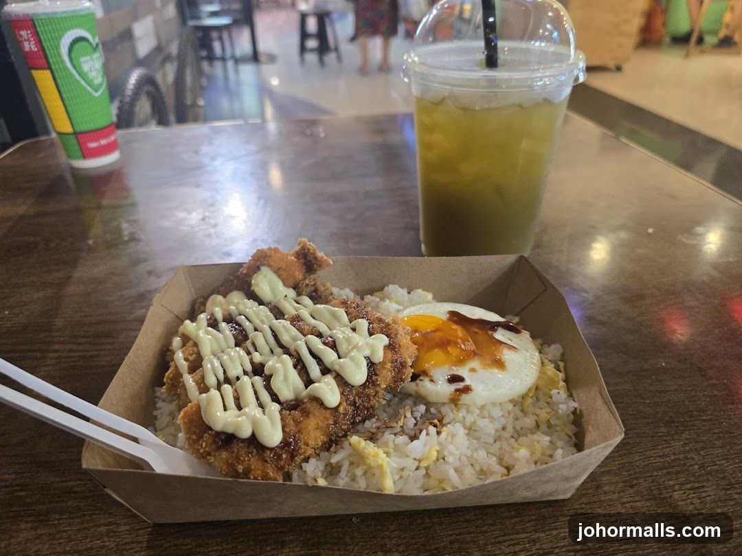 Fried Chicken Rice Bowl with Egg and Drink