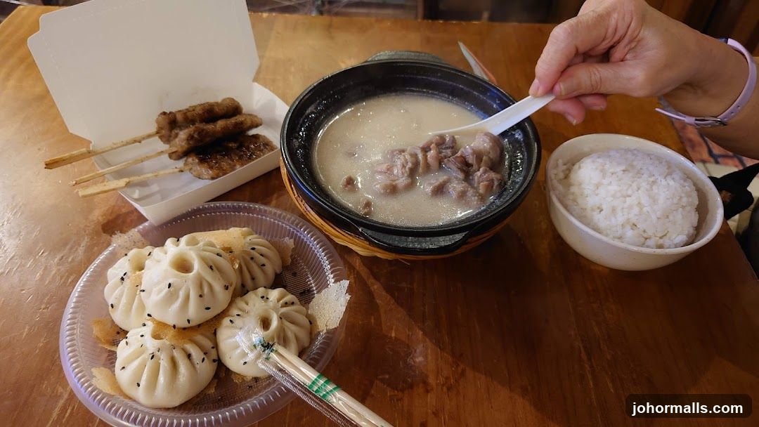 Meal with Soup, Skewers, and Buns