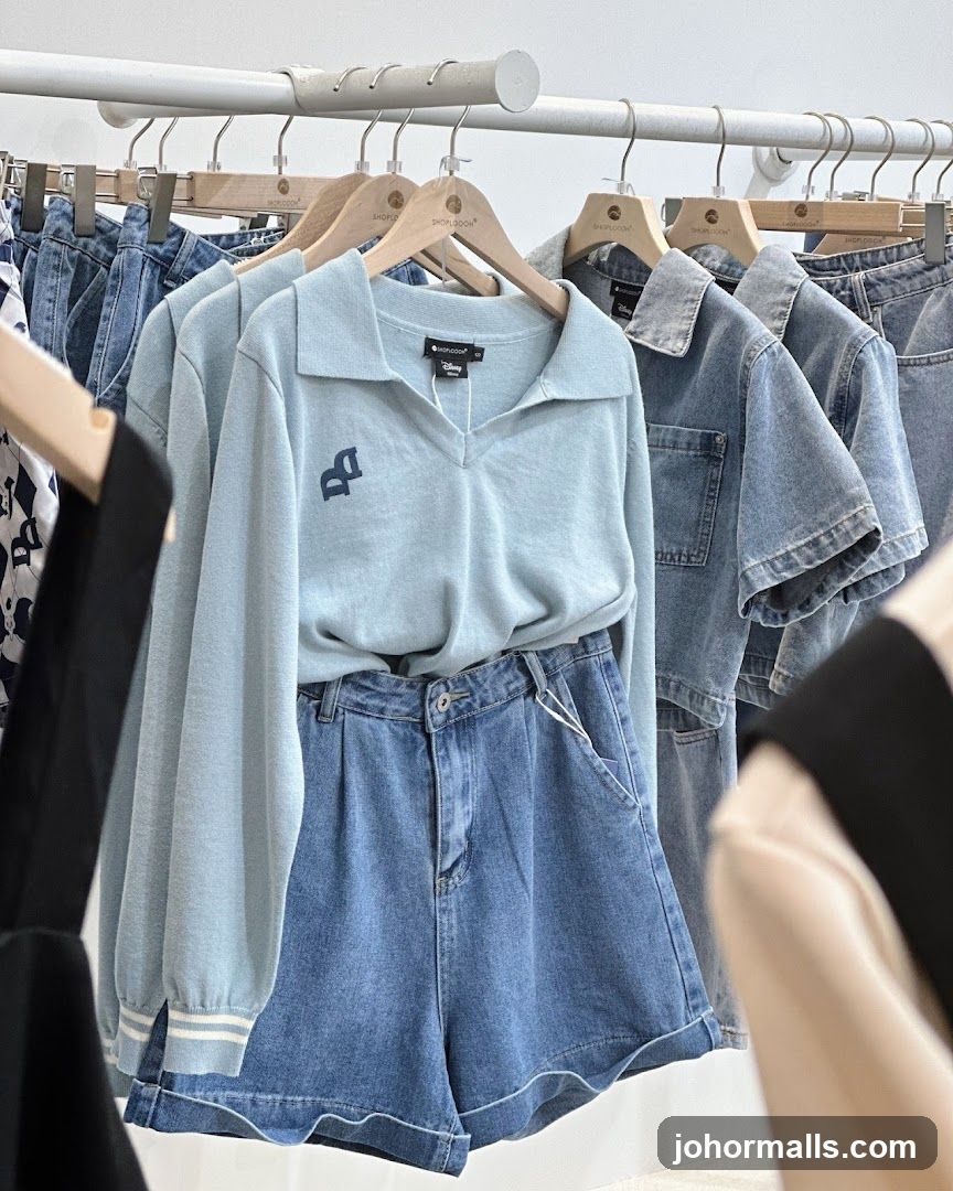 Light Blue Collared Sweatshirt and Denim Shorts