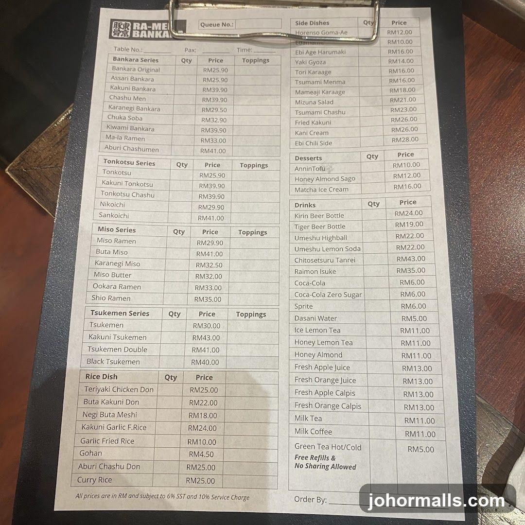 RA-MEI BANKA Menu