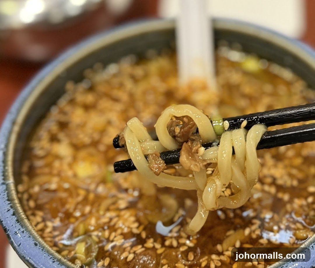 Close-up of Noodles with Meat and Sesame Seeds
