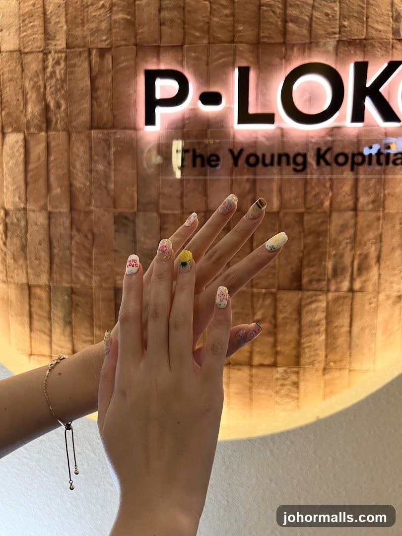 Hands with Decorated Nails in Front of a Sign