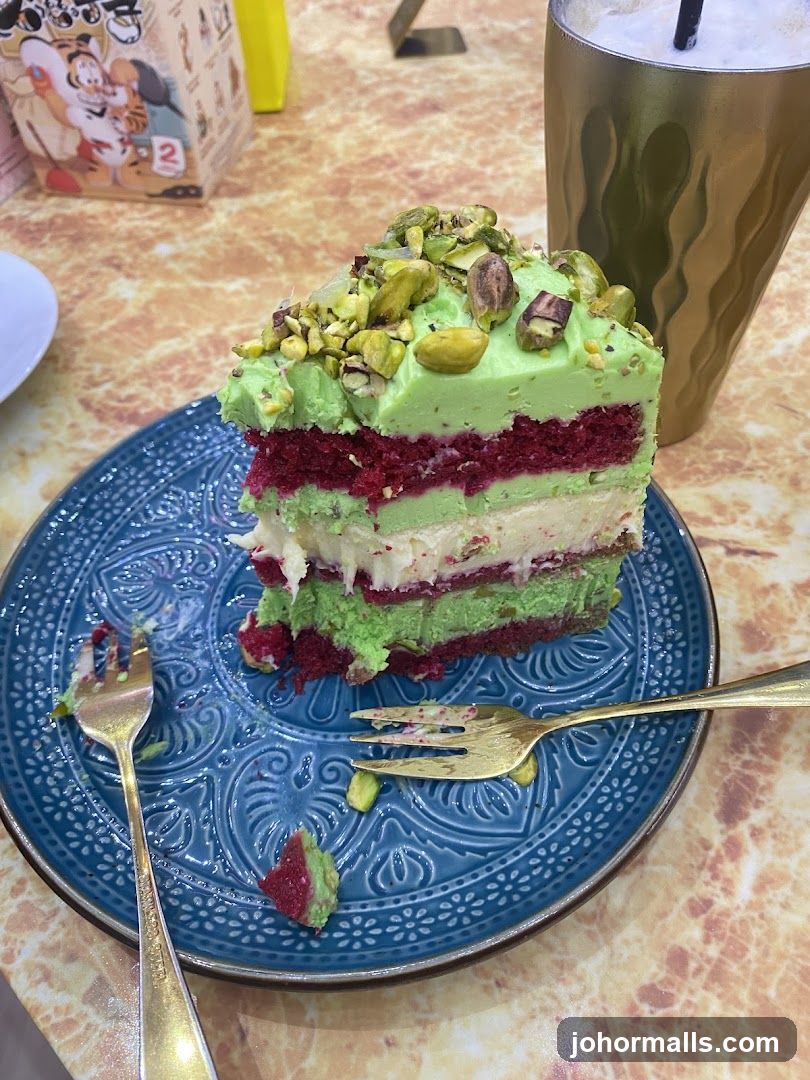 Slice of layered green and red cake with pistachio topping