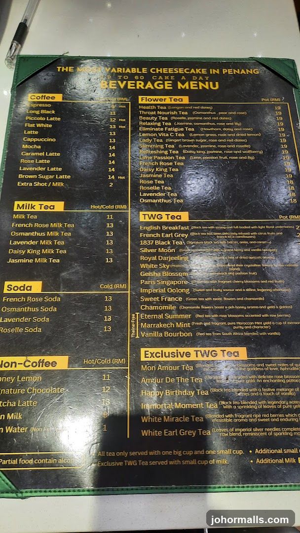 Beverage Menu at The Most Variable Cheesecake in Penang