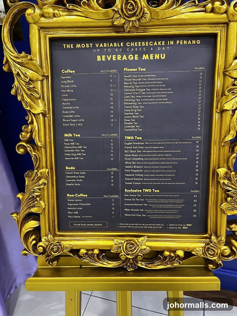 Beverage Menu at a Cheesecake Shop in Penang
