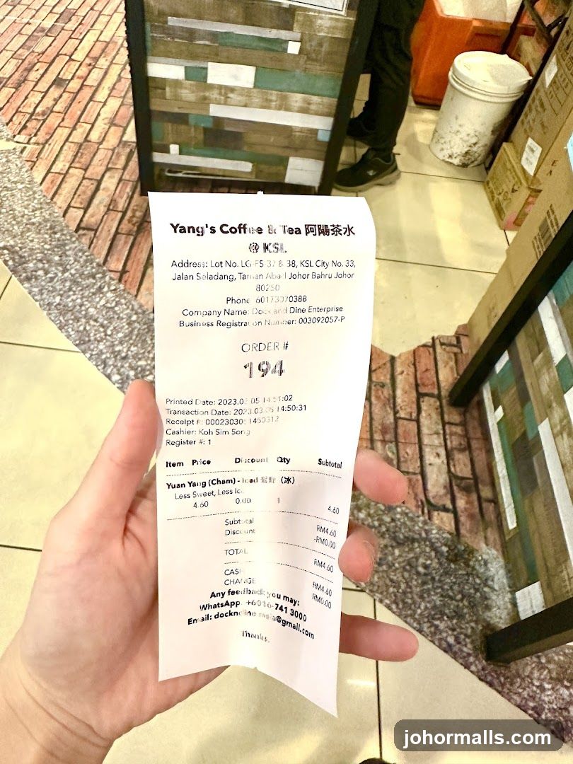 Receipt from Yang's Coffee & Tea