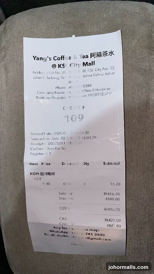 Receipt from Yang's Coffee & Tea @ KSL City Mall